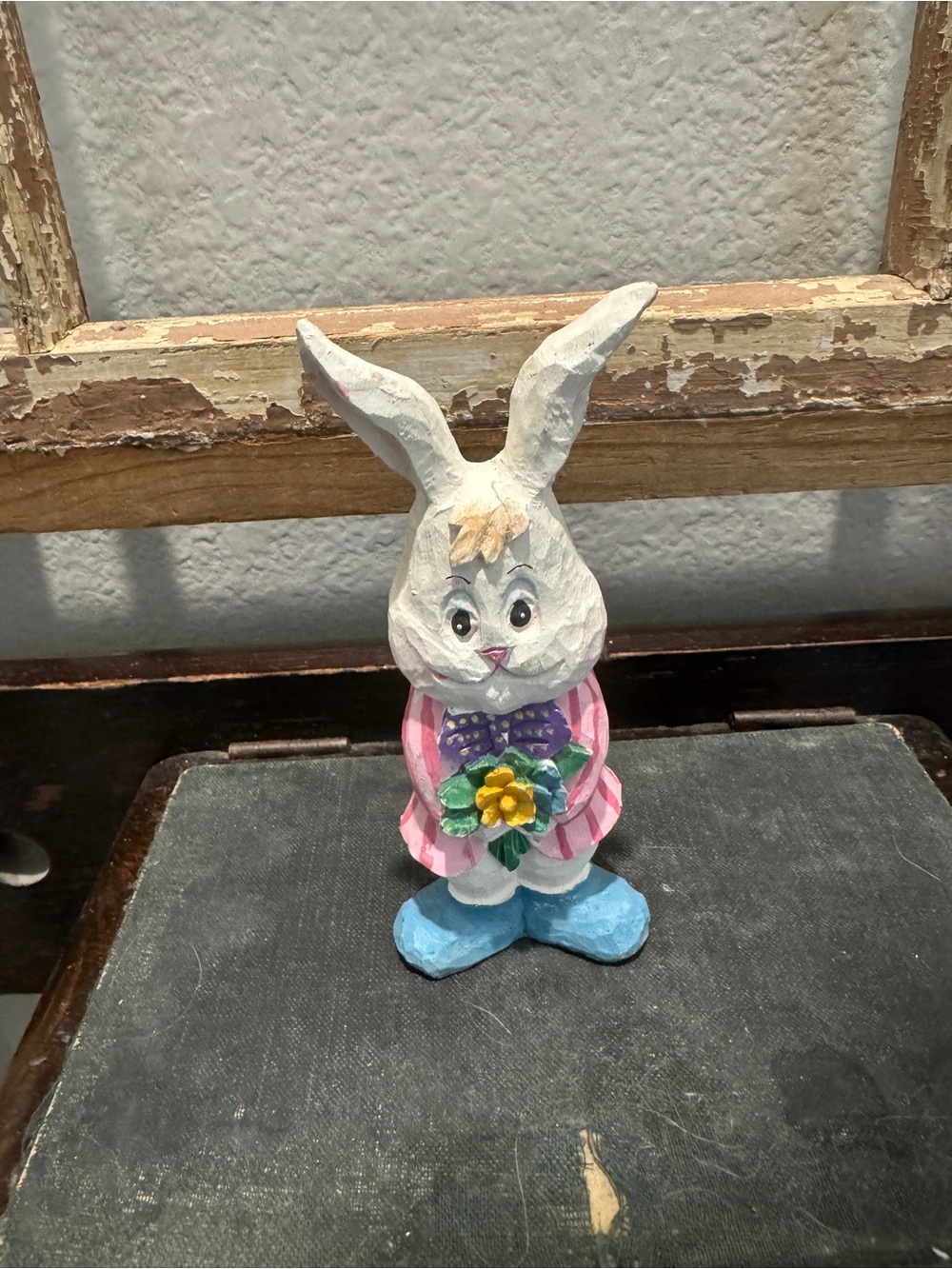 Hand-Painted Pink Bunny Figurine with Blue Shoes